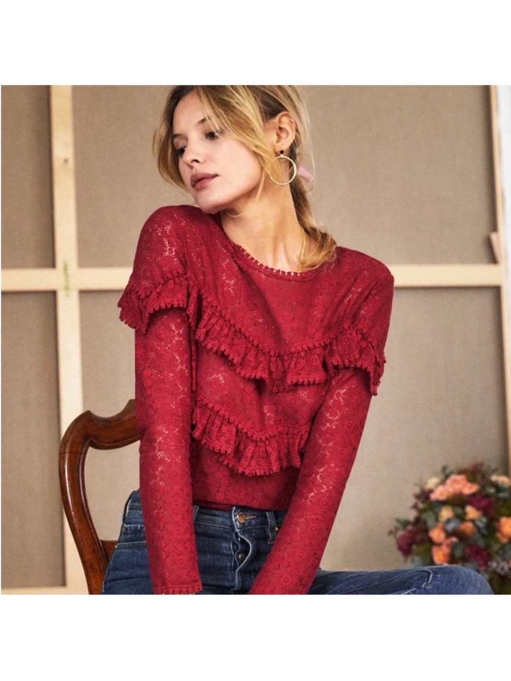 Sezane Ninon Lace Ruffle Long-Sleeve Top